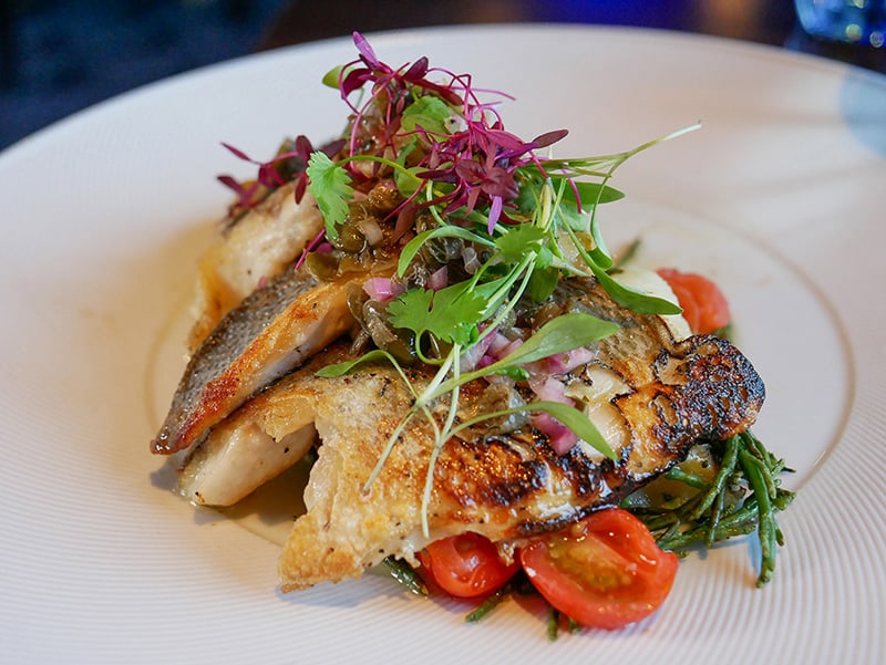 Seabass at the Ventana Grand Cafe in the Cumberland Hotel, Bournemouth