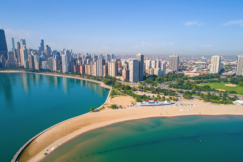 Aerial drone photo of the North Avenue Beach in Chicago