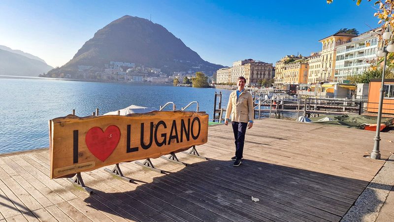 Paul at the I Love Lugano sign on the lake