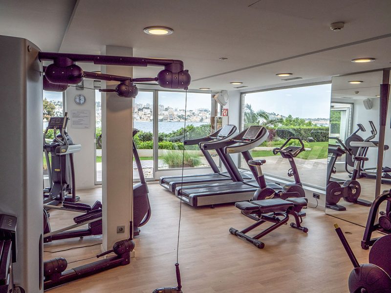 The hotel gym has a garden view